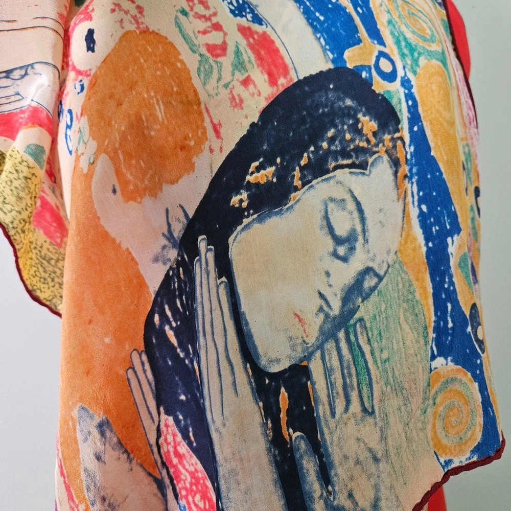Gustav‎ Klimt Art Print Silk Scarf Women Multicolor Oblong Hand Rolled Edges